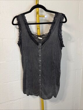 POL Women's Charcoal Lace-Trim Button Tank